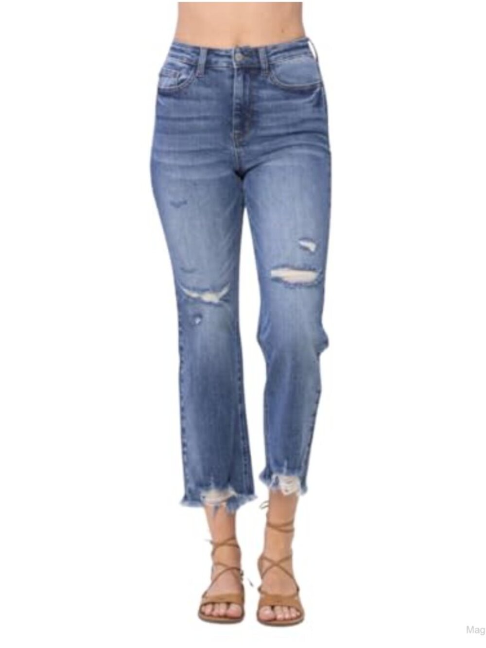 High Waisted Destroyed Cropped Straight Jeans Distressed Frayed Hem Denim
